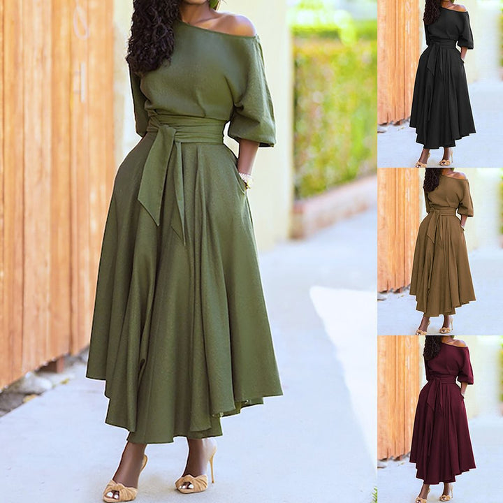Damen elegantes Midi-Kleid mit schulterfreiem Design und Taillengürtel Drune