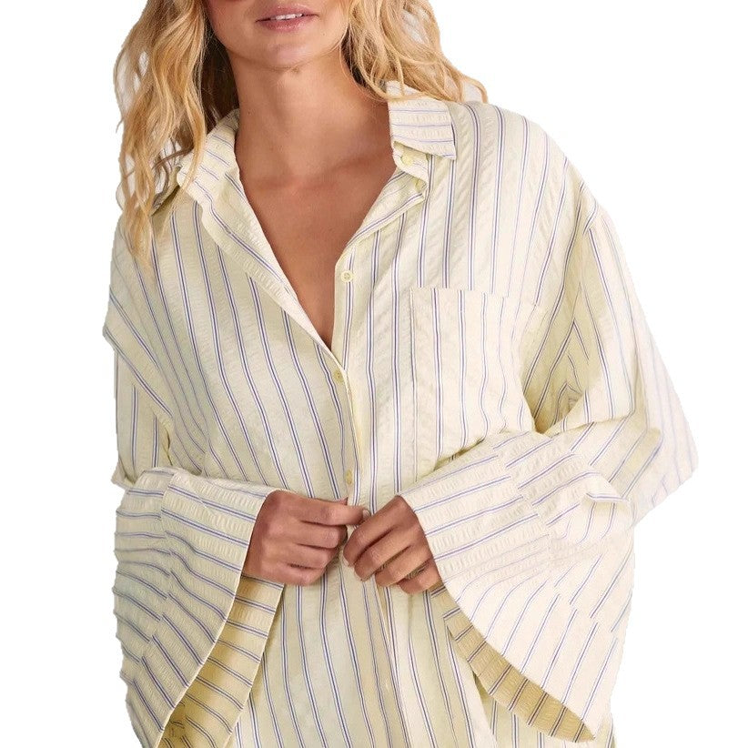 Damen Oversize-Hemdbluse mit weitem Glockenärmel und feinem Streifenmuster Drune
