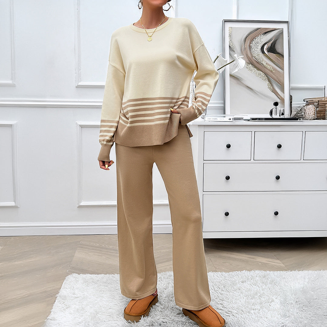 Damen nan lässiges Strick-Lounge-Set mit gestreiftem Rundhals-Pullover, Raglanärmeln und weiten taillenhohen Hosen Drune