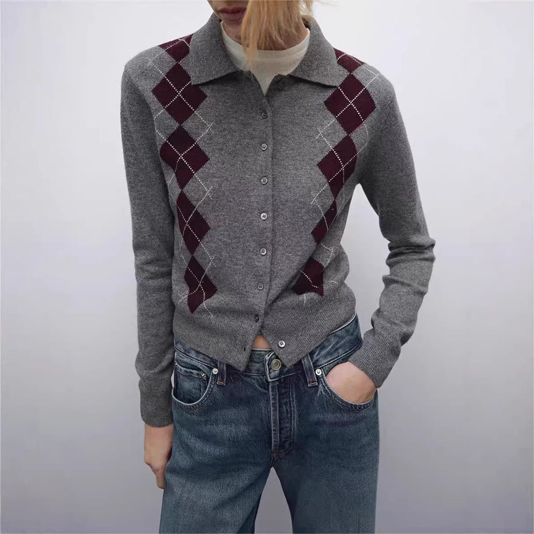 Damen Feinstrick-Cardigan mit Argyle‑Muster, Polokragen und tailliertem Cropped‑Schnitt Drune