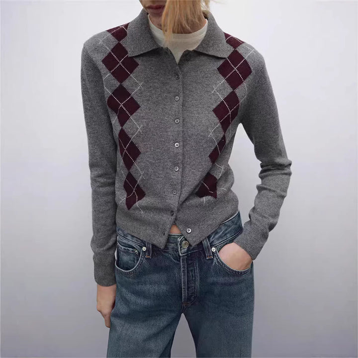 Damen Feinstrick-Cardigan mit Argyle‑Muster, Polokragen und tailliertem Cropped‑Schnitt Drune