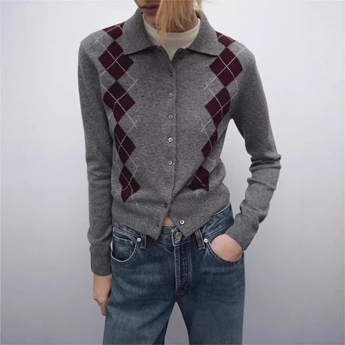 Damen Feinstrick-Cardigan mit Argyle‑Muster, Polokragen und tailliertem Cropped‑Schnitt Drune