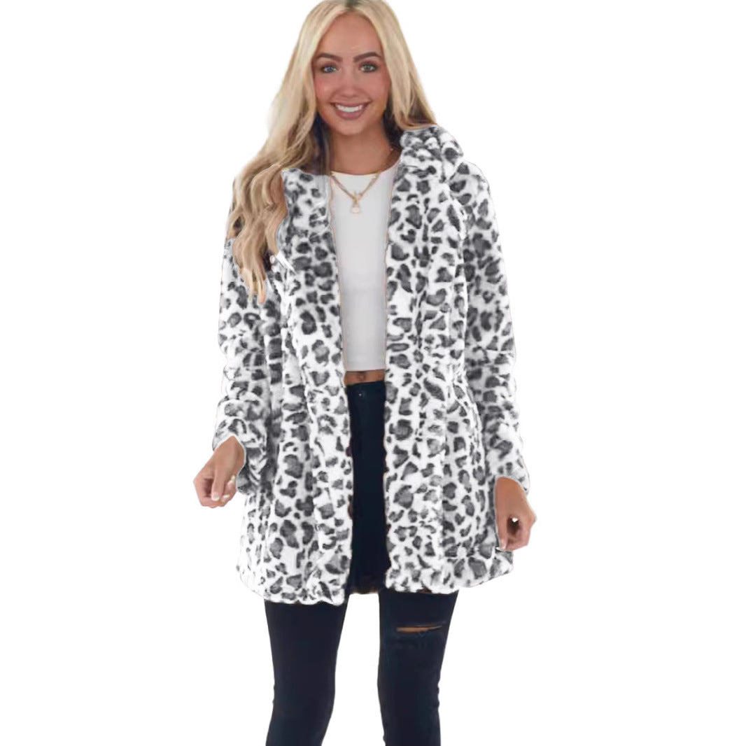 Damen Kunstfell Leopardenmuster Kapuzen Plüsch Mid-Length Mantel Drune