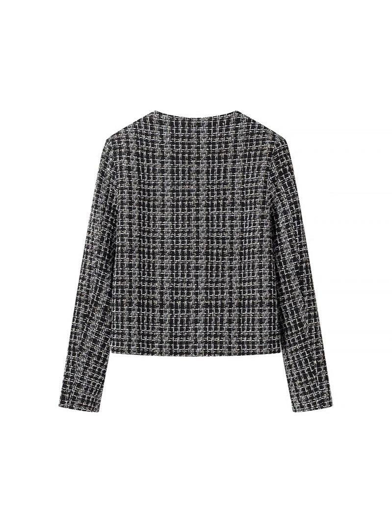 Damen elegante Tweed-Jacke mit goldenen Knöpfen Drune