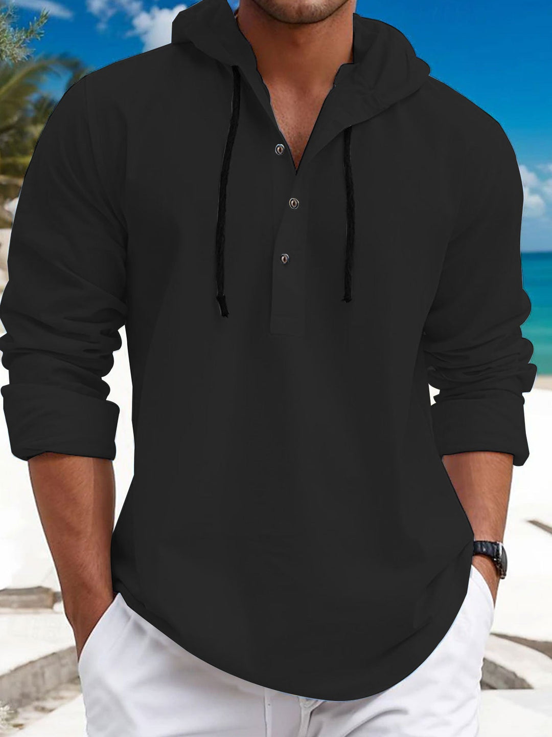 Herren nan sommerliches Hoodie-Henley mit verdeckter Knopfleiste, Kordelzug und gerundetem Saum Drune