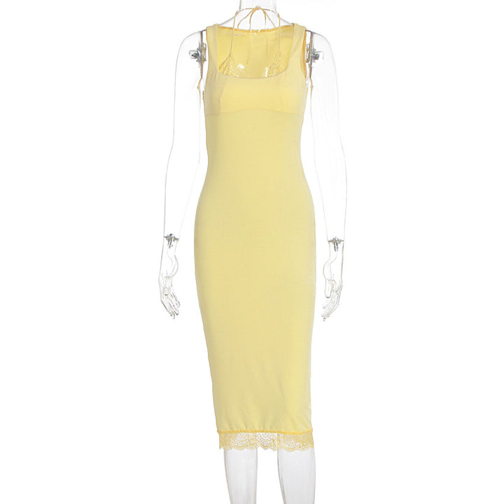 Damen Elegantes Langarm-Kleid mit Spitzenbordüre Drune