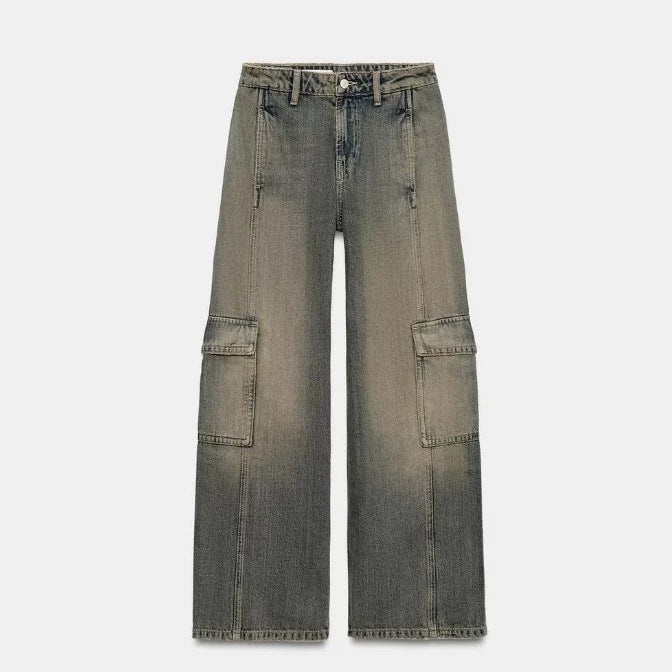 Damen Jeans‑Cargo‑Hose mit weitem Bein, Ziernähten und aufgesetzten Klappentaschen Drune