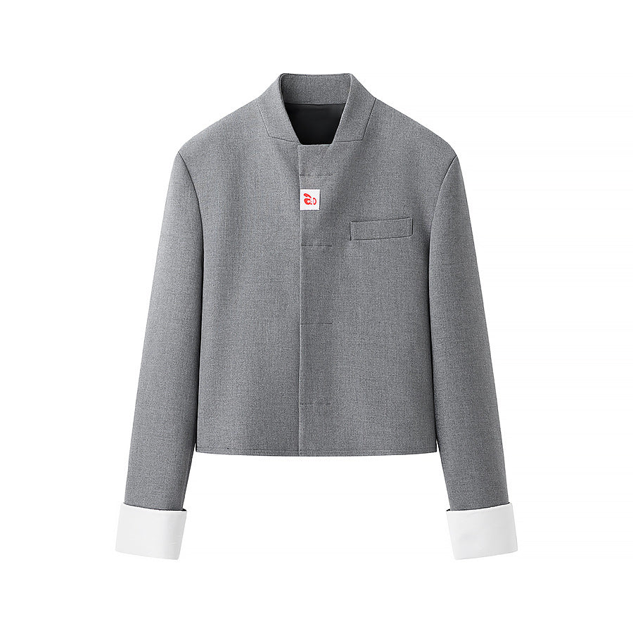 Damen nan kurzer Boxy-Blazer mit verdeckter Knopfleiste Stehkragen und kontrastumschlagärmeln Drune