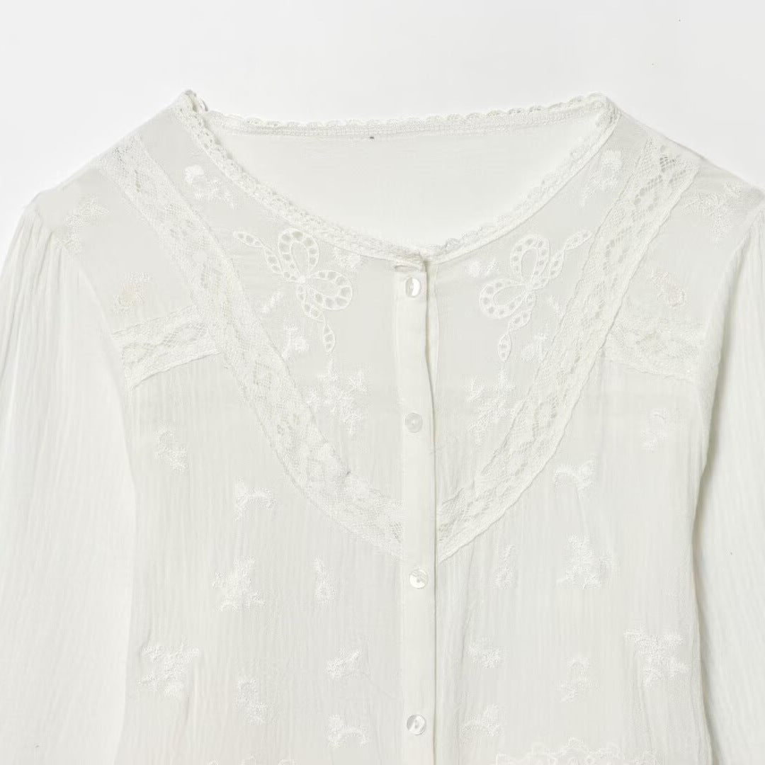 Damen Leichte Stickerei‑Bluse mit Spitzenkragen, Bindeband‑Taillierung und Knopfleiste Drune