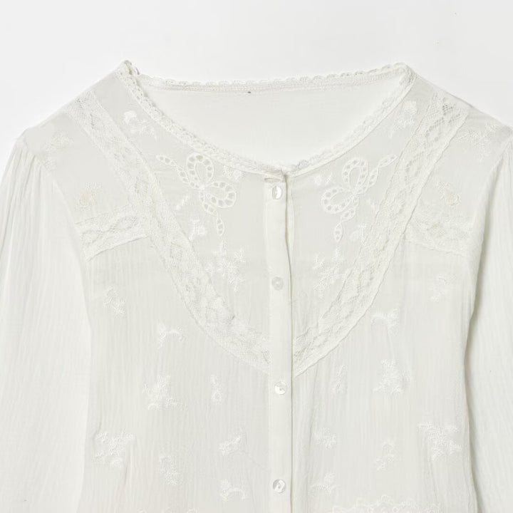 Damen Leichte Stickerei‑Bluse mit Spitzenkragen, Bindeband‑Taillierung und Knopfleiste Drune