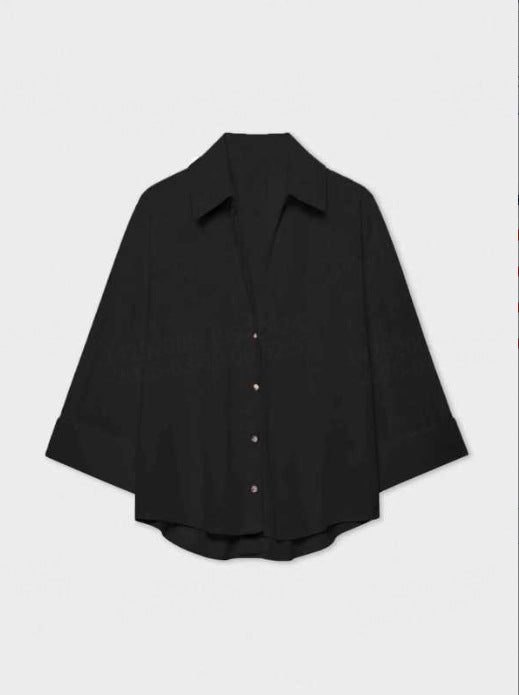 Damen Leichte Oversize Leinenoptik Bluse mit Dreiviertelärmeln und durchgehender Knopfleiste Drune