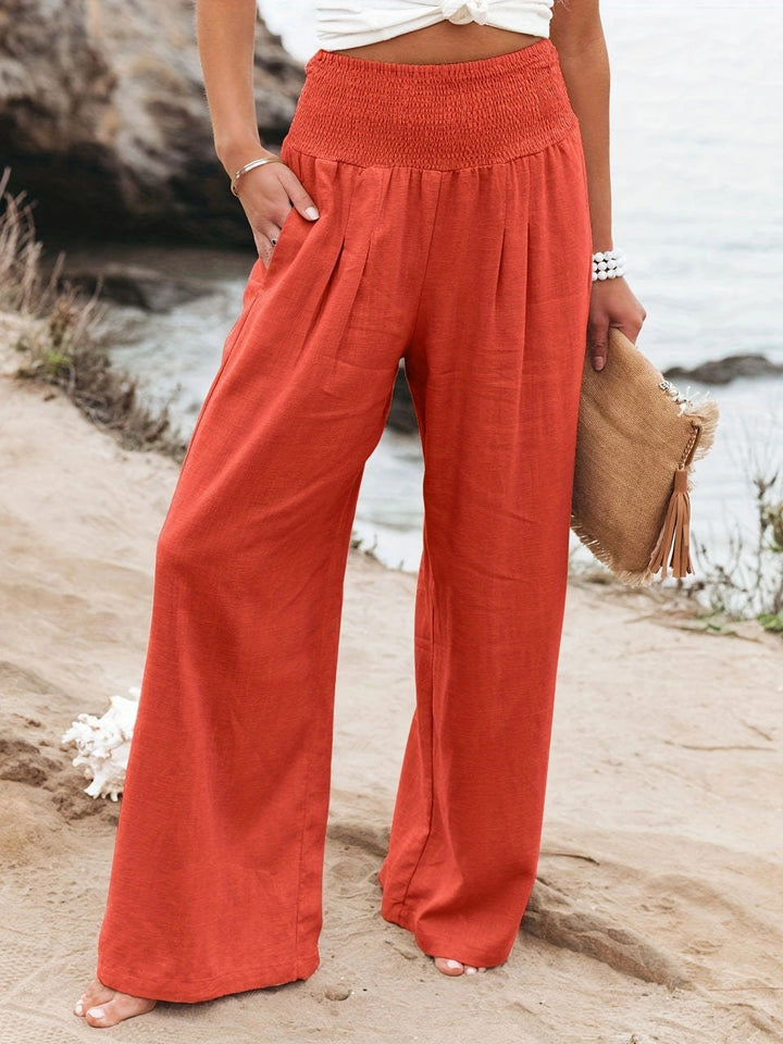 Damen Weite Leinenhose mit elastischem Bund und Falten Drune