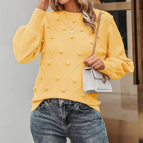 Damen nan gerippter Bobble-Pullover mit Ballonärmeln und Rundhalsausschnitt Drune