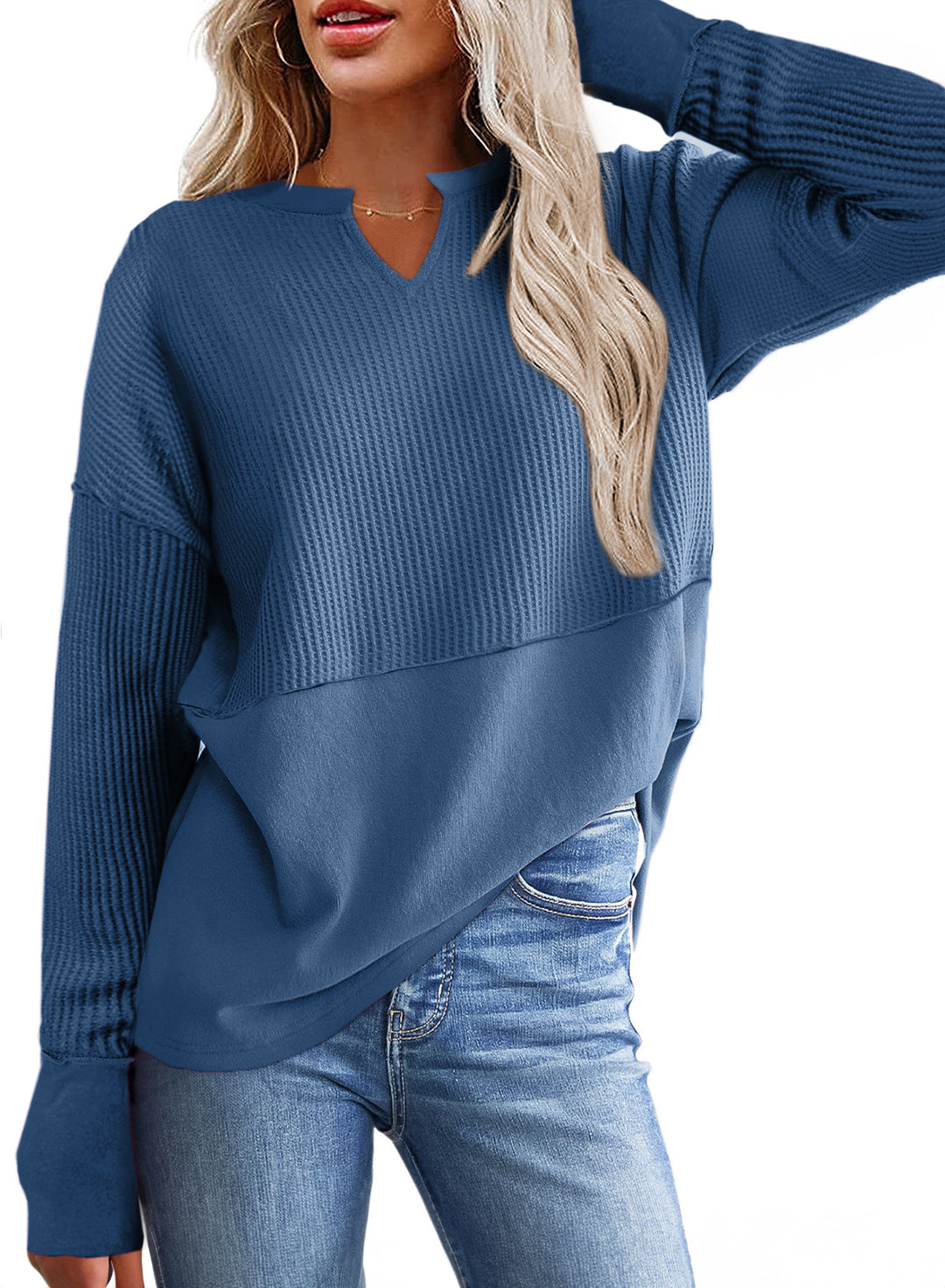 Damen Oversize-Pullover mit Waffle-Struktur, V-Notch und überschnittener Schulter Drune