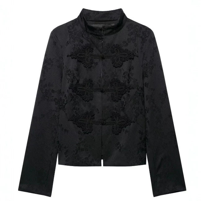 Damen Kurzjacke im Brokat-Look mit Stehkragen und Zierfroschverschlüssen Drune