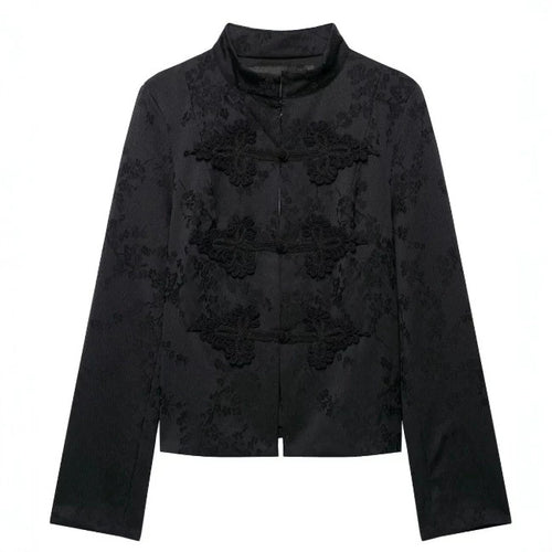 Damen Kurzjacke im Brokat-Look mit Stehkragen und Zierfroschverschlüssen Drune