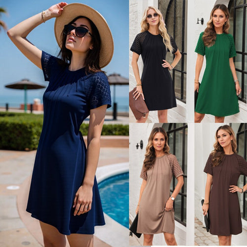 Damen Kurzärmeliges Freizeitkleid mit Faltenoberteil und Spitzeneinsätzen Drune