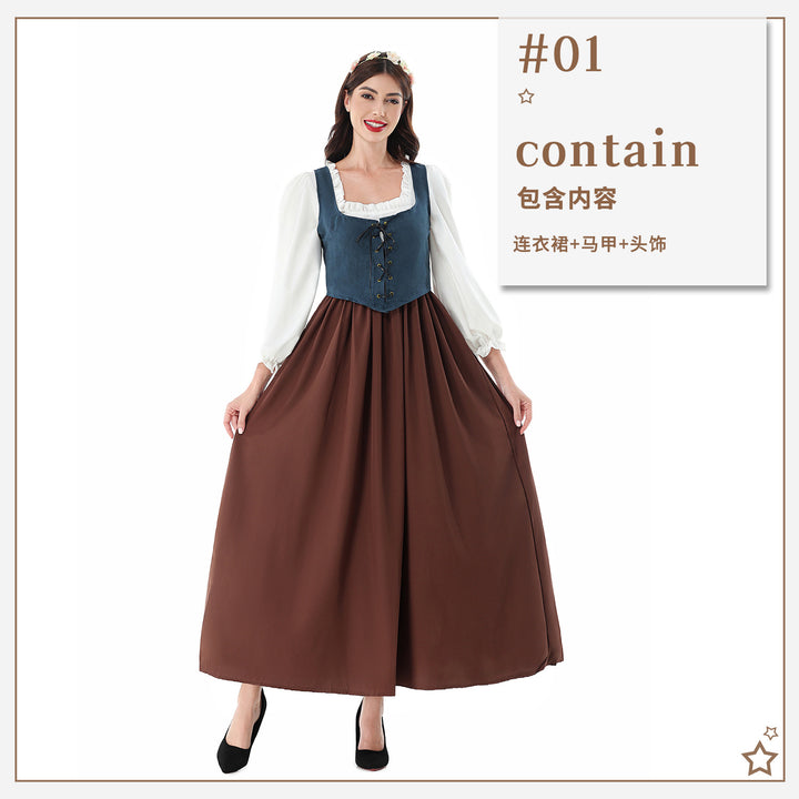 Damen nan historisches Mittelalterkleid mit geschnürter Miederweste, rüschiger Bluse und weitem Maxirock Drune