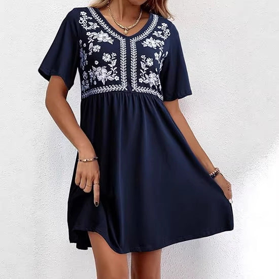 Damen Besticktes Empire-Kleid mit V-Ausschnitt, Kurzärmeln und ausgestelltem Rock Drune