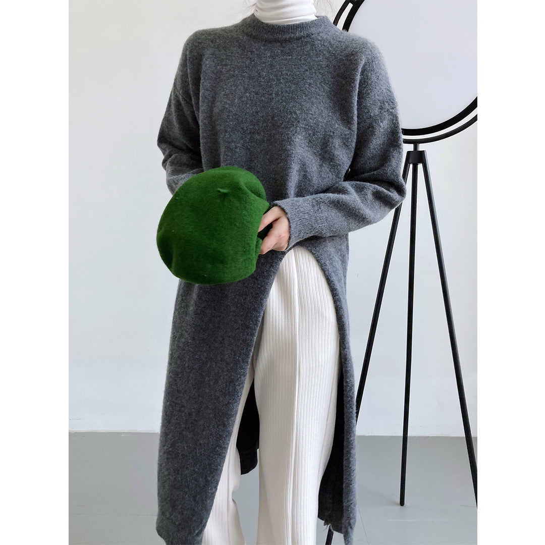 Damen Langer Strickpullover mit Lockere Passform und Seitenschlitzen Drune
