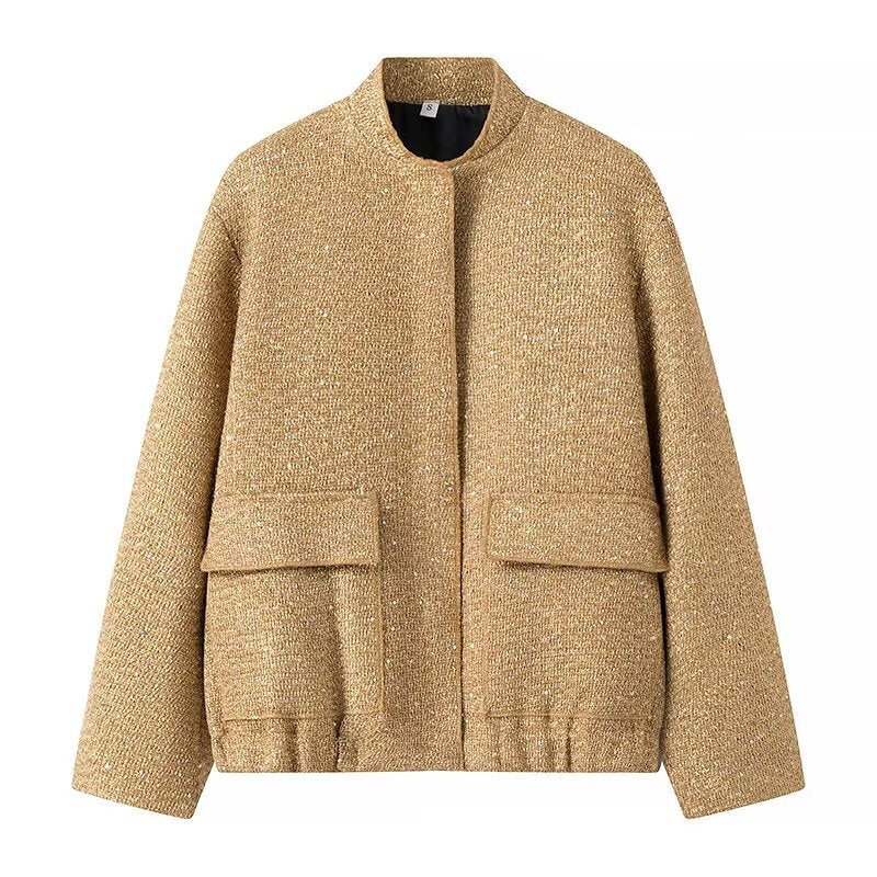 Damen nan strukturierte Boucléjacke mit Stehkragen, aufgesetzten Taschen und elastischem Saum Drune