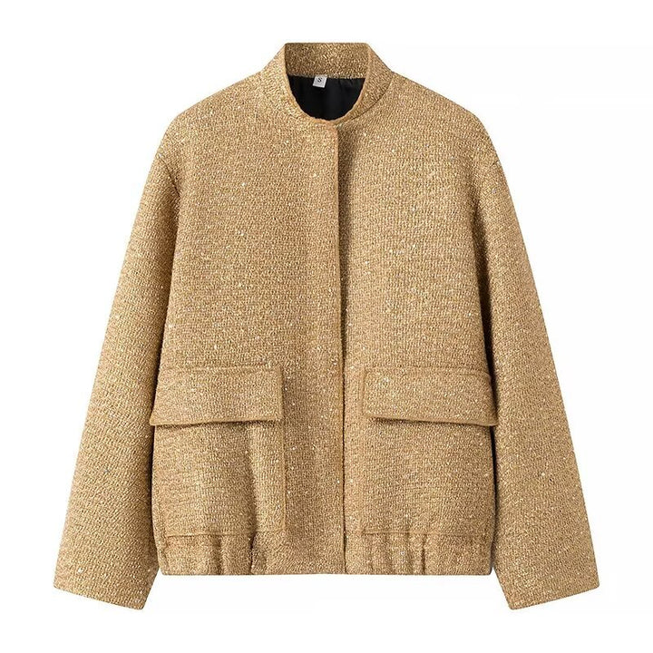 Damen nan strukturierte Boucléjacke mit Stehkragen, aufgesetzten Taschen und elastischem Saum Drune