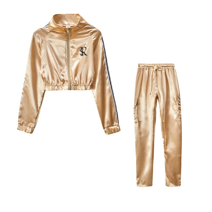 Damen Sportliches Trainingsanzug-Set mit cropped Jacke und Jogginghose Drune