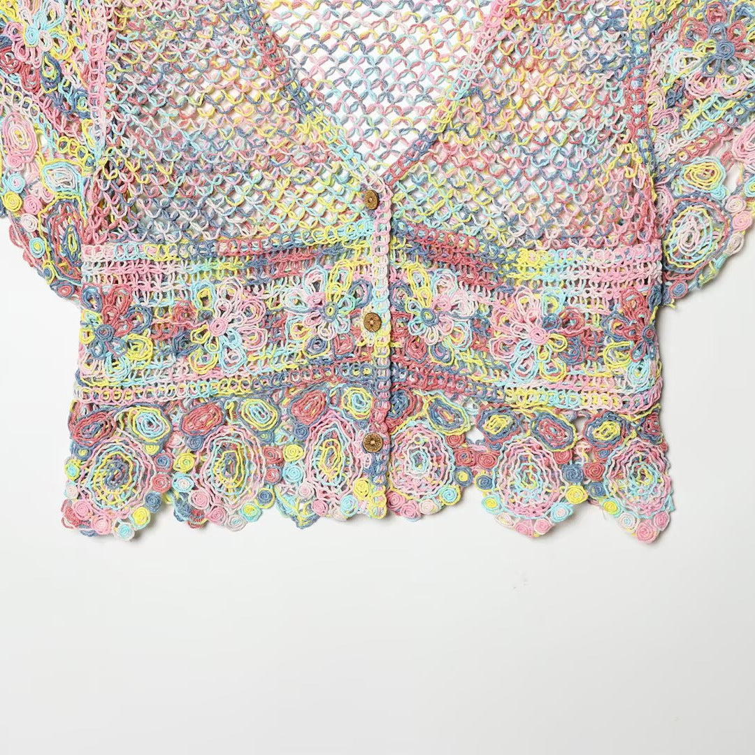Damen luftiger Spitzen-Crochet-Cardigan mit buntem Häkelmuster Drune