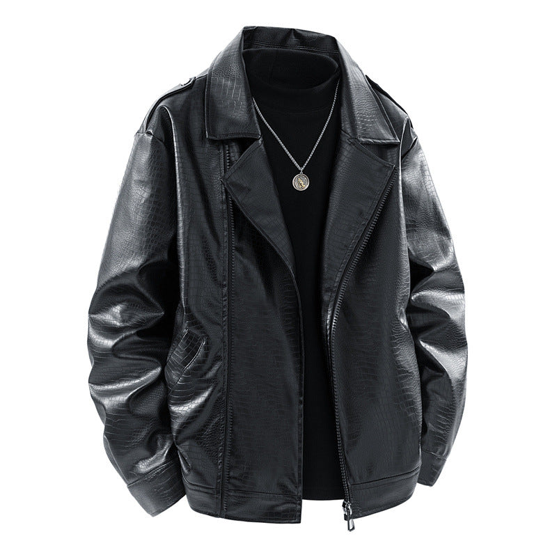 Herren Kunstleder-Überhemdjacke im Biker-Blend mit Reverskragen, Zwei-Wege-Metallreißverschluss & verdeckten Eingrifftaschen Drune