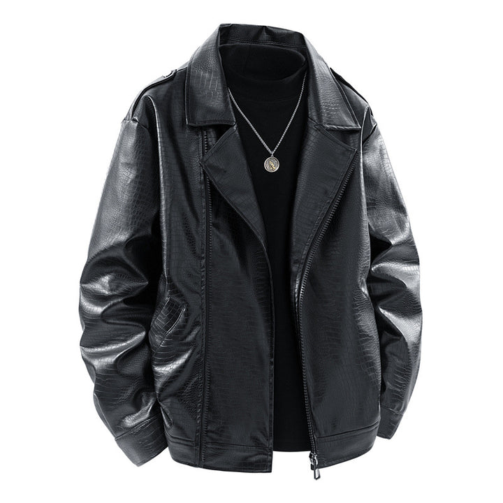 Herren Kunstleder-Überhemdjacke im Biker-Blend mit Reverskragen, Zwei-Wege-Metallreißverschluss & verdeckten Eingrifftaschen Drune