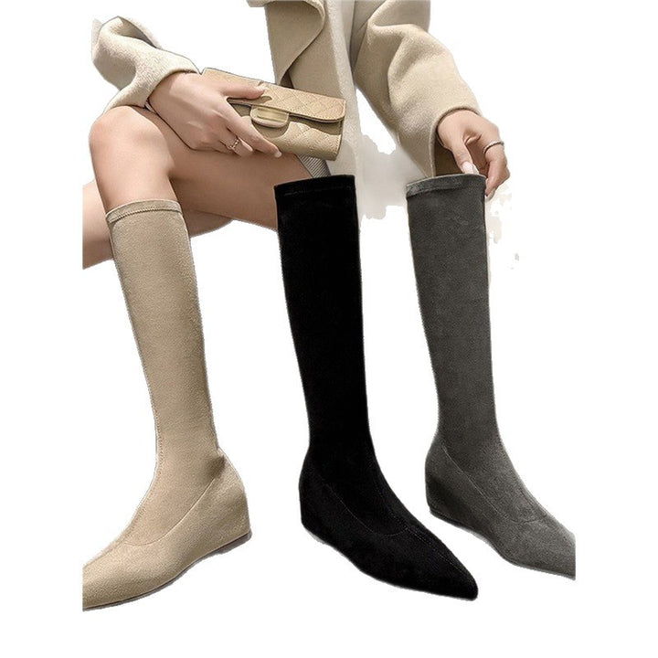 Damen knielange Stretch‑Stiefel mit spitzer Zehenform und niedrigem Keilabsatz Drune