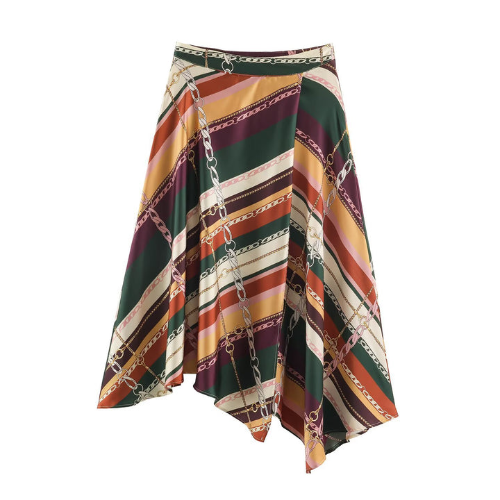 Damen Asymmetrischer Midirock mit Ketten‑Print und fließender Satin‑Optik Drune