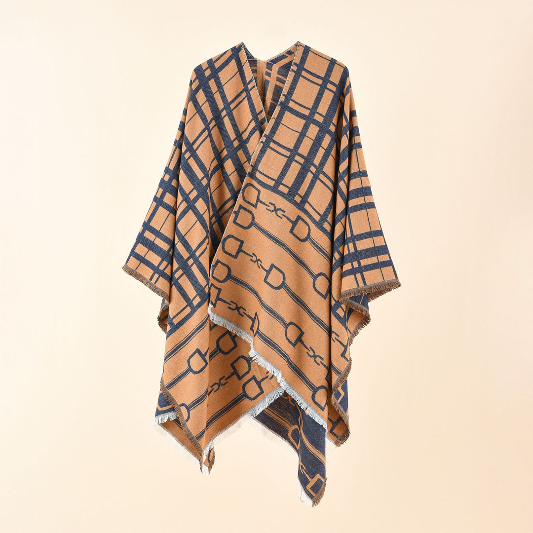 Damen Jacquard-Umhang mit Steigbügel‑Motiv und Fransensaum Drune