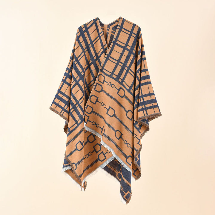 Damen Jacquard-Umhang mit Steigbügel‑Motiv und Fransensaum Drune
