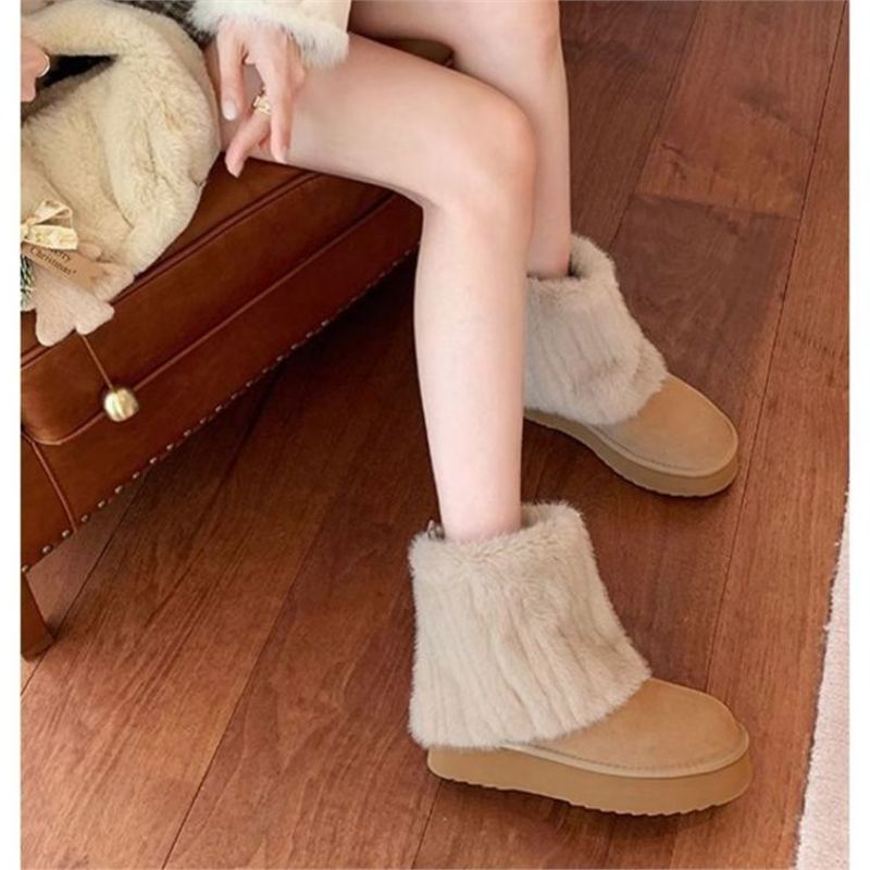 Damen Warme Kurzboots mit Kunstfellmanschette und Plateau-Sohle Drune