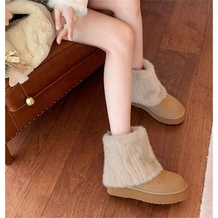 Damen Warme Kurzboots mit Kunstfellmanschette und Plateau-Sohle Drune