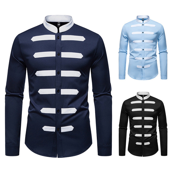 Herren Slim-Fit Hemd mit Stehkragen und dekorativen Paspelstreifen Drune
