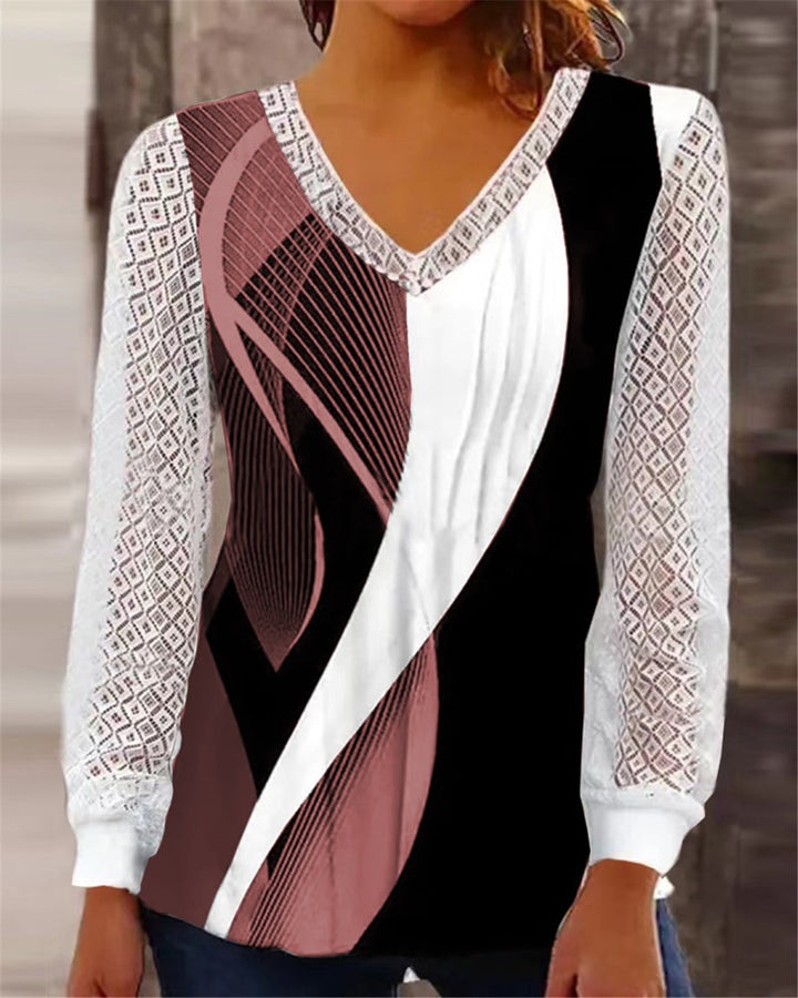 Damen V-Ausschnitt Bluse mit abstraktem Grafikprint und Spitzenärmeln Drune