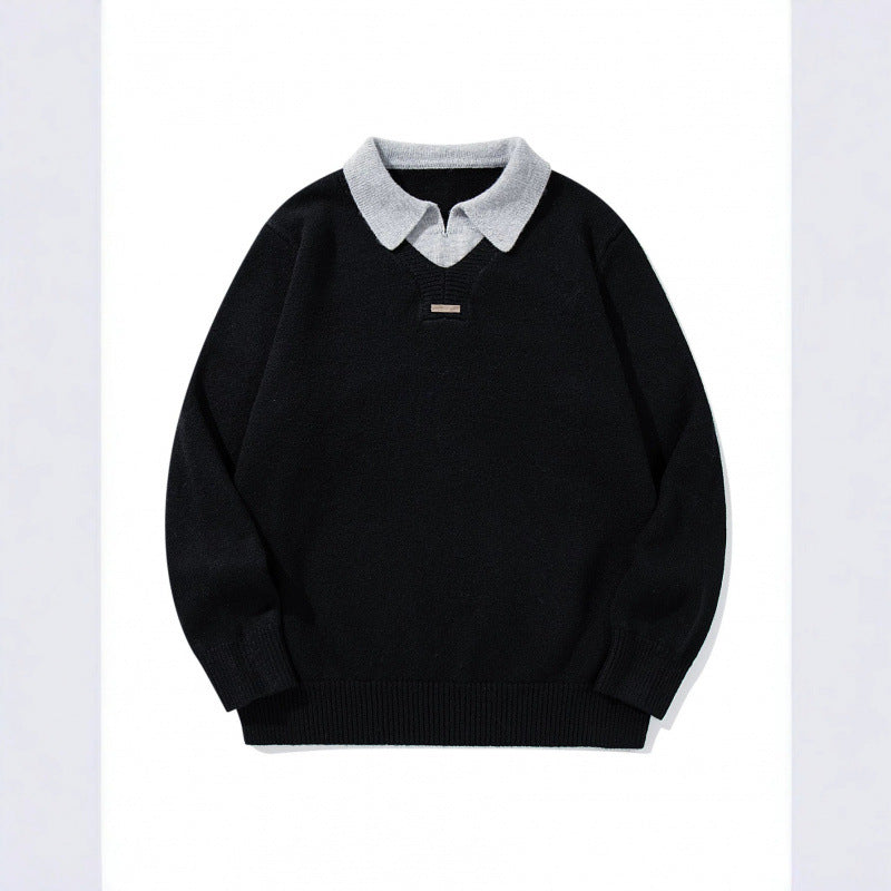 Herren Relaxter Merino-Mix Strickpullover mit kontrastierendem Polokragen und V-Detail Drune