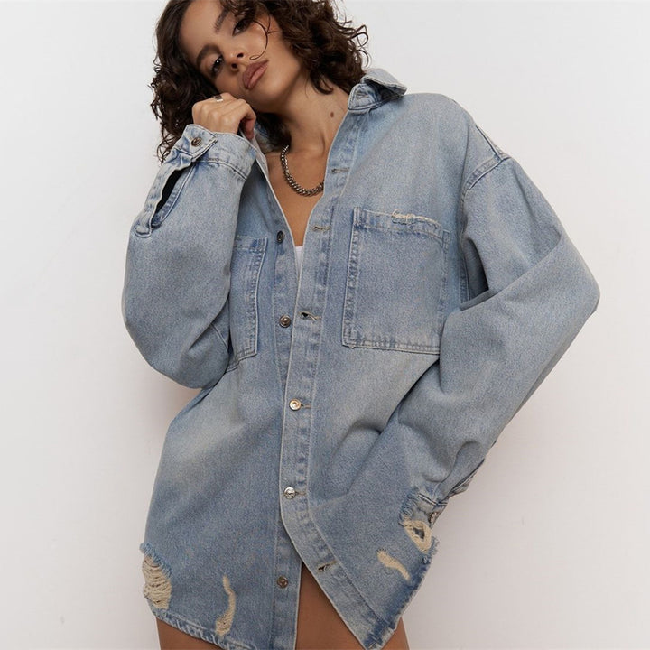 Damen Modische Jeanshemdjacke mit distressed Details Drune
