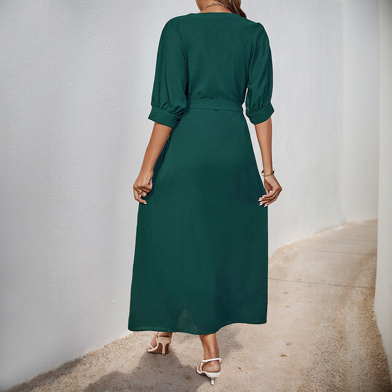 Damen Midikleid mit durchgehender Knopfleiste, V-Ausschnitt und D-Ring-Taillengürtel Drune
