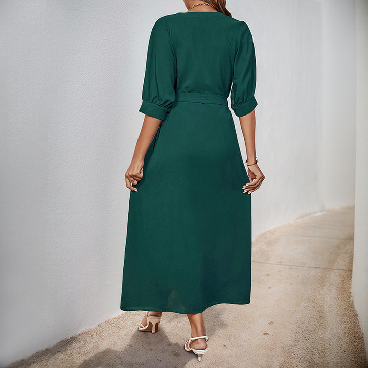 Damen Midikleid mit durchgehender Knopfleiste, V-Ausschnitt und D-Ring-Taillengürtel Drune