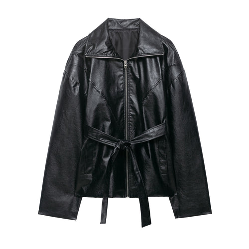 Damen Kurze Kunstlederjacke mit Taillengürtel, Reißverschluss und markantem Kragen Drune