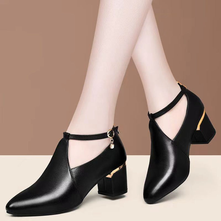 Damen nan spitz zulaufende Pumps mit Cut-Out, Knöchelriemchen, Fersenreißverschluss und mittelhohem Blockabsatz Drune