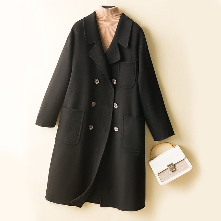 Damen Oversized Doppelreiher Wollmix‑Mantel mit aufgesetzten Taschen Drune