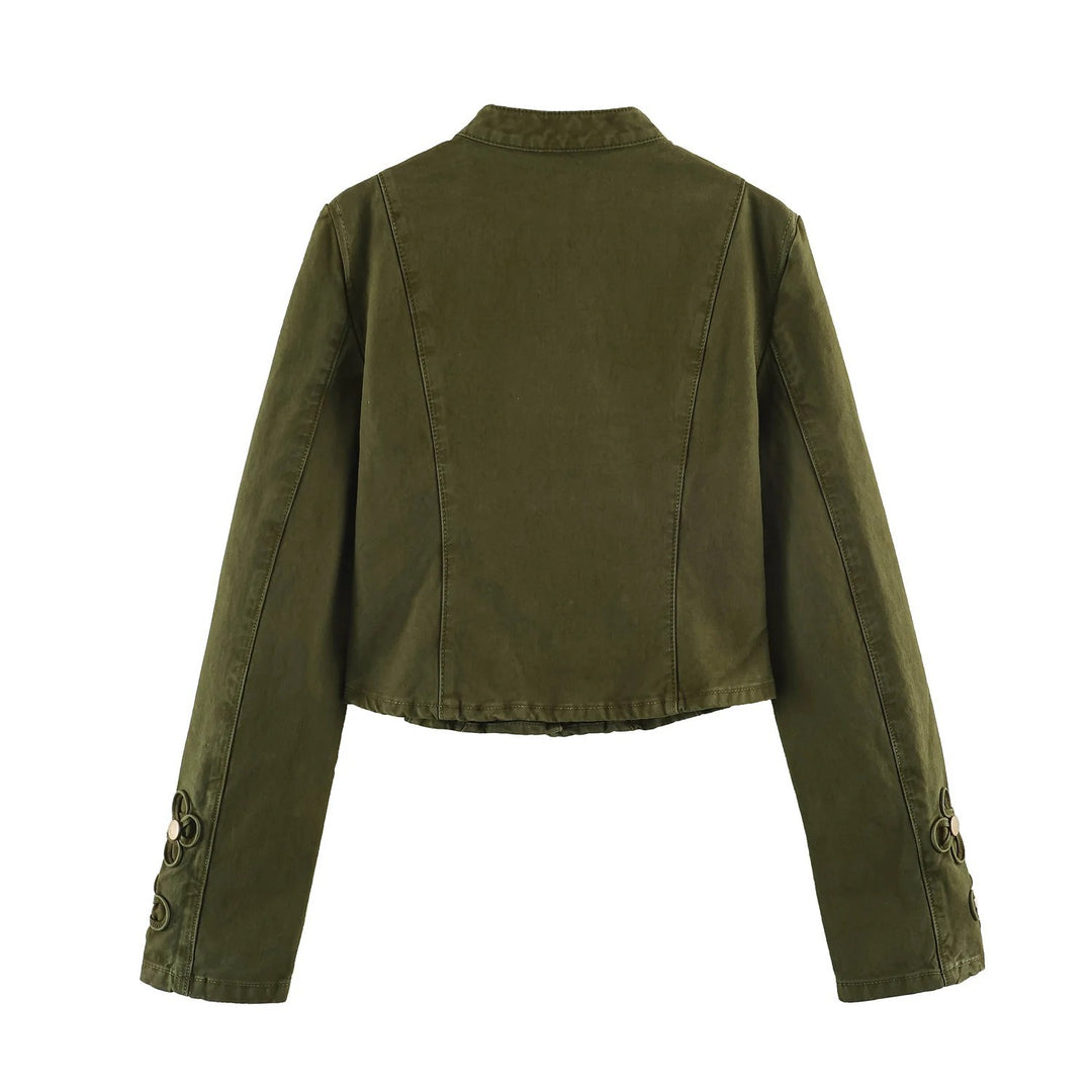 Damen Kurze Militärjacke mit Knebelverschlüssen und Stehkragen Drune