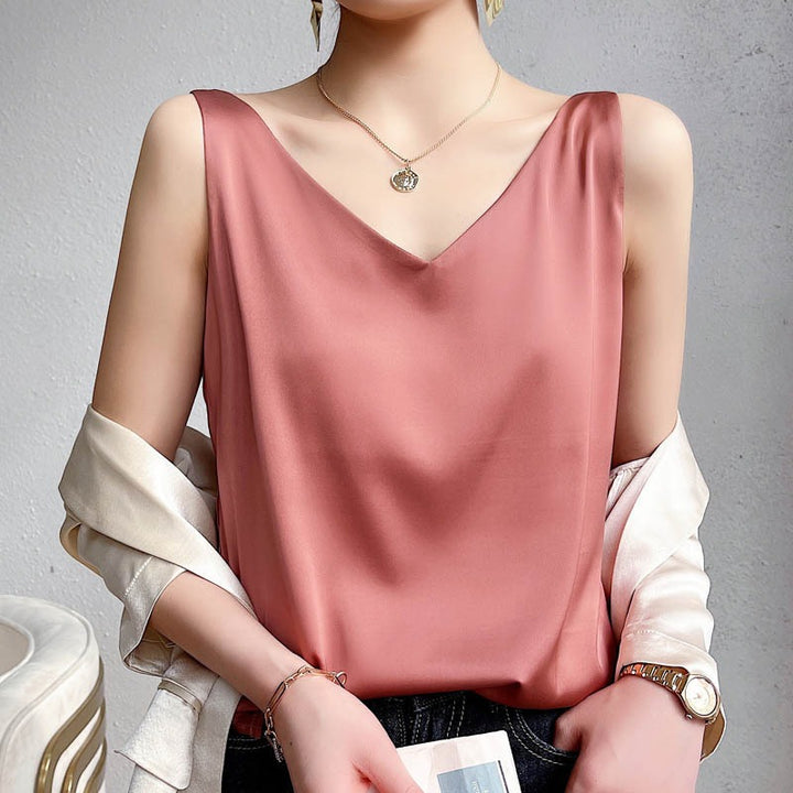 Damen V-Ausschnitt Satinbluse Drune