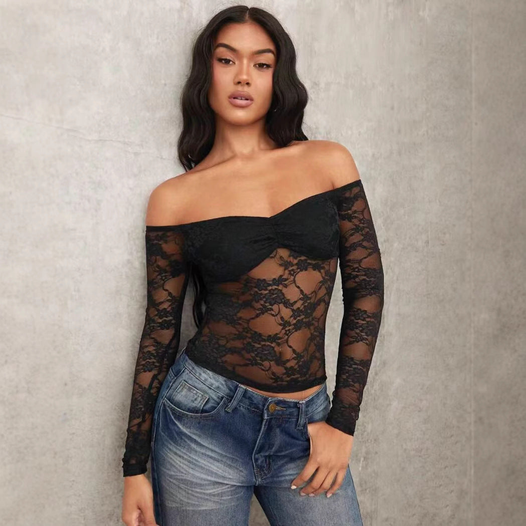 Damen Off-Shoulder Spitzenoberteil mit langen Ärmeln und romantischen Details Drune