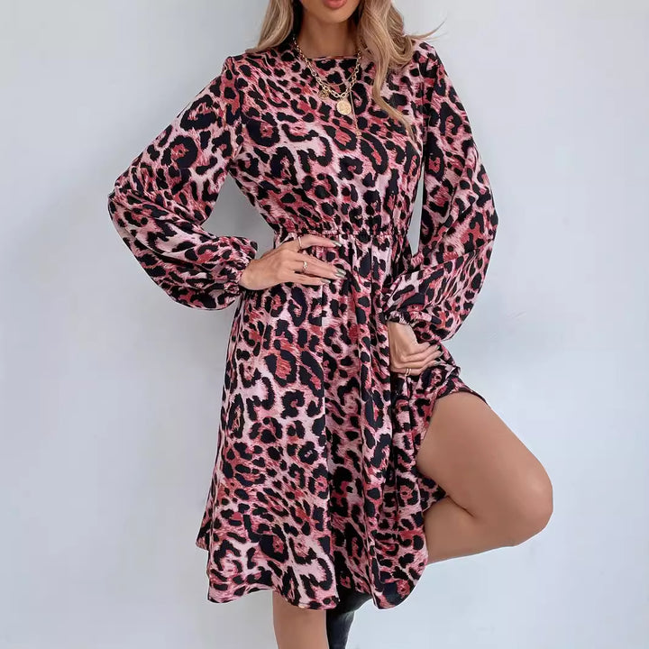 Damen Maxikleid im eleganten Leopardenmuster mit Volantärmeln und Taillierung Drune
