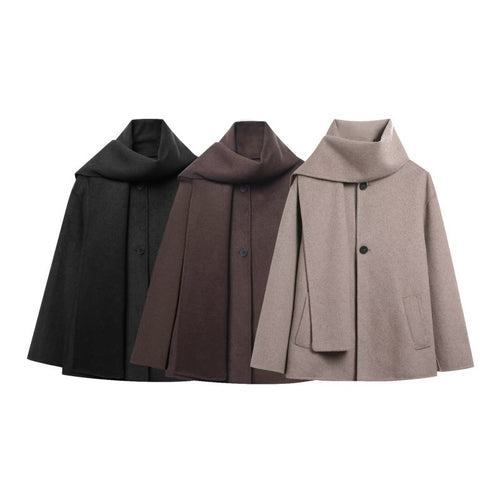 Damen Kurzcape‑Mantel mit überlappendem Schalkragen und verdeckter Knopfleiste Drune